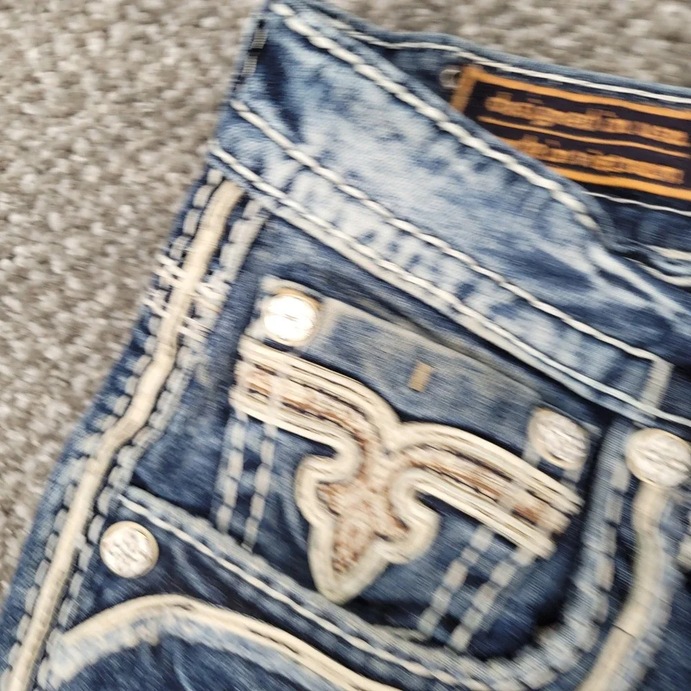 Rock Revival Tristan Bootcut Jeans Mens 33 Distressed Embroidered Blue Denim